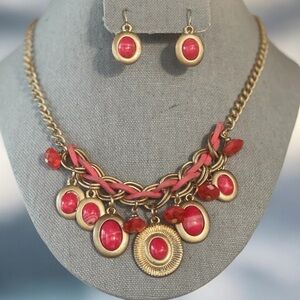 Vintage Faux Coral Necklace & Gold-Tone Drop Earring Demi Parue Set